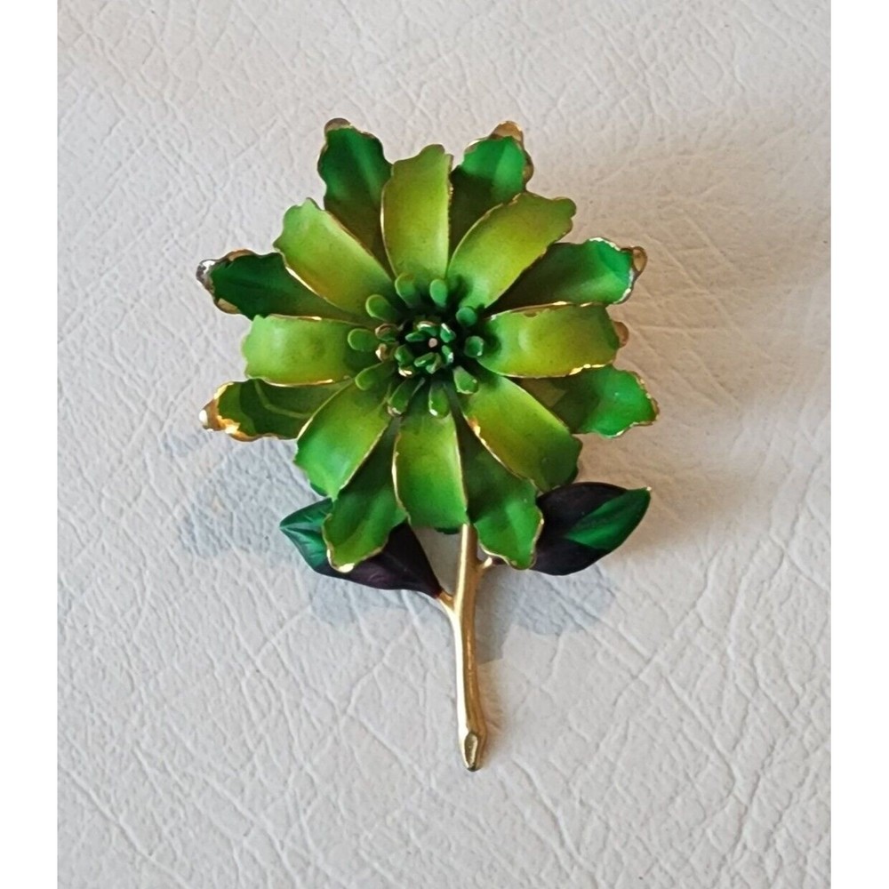 Vintage 1950-60s 2-Tone Green Enamel Layered Metal Huge Flower Brooch Pin 4" - Picture 2 of 6